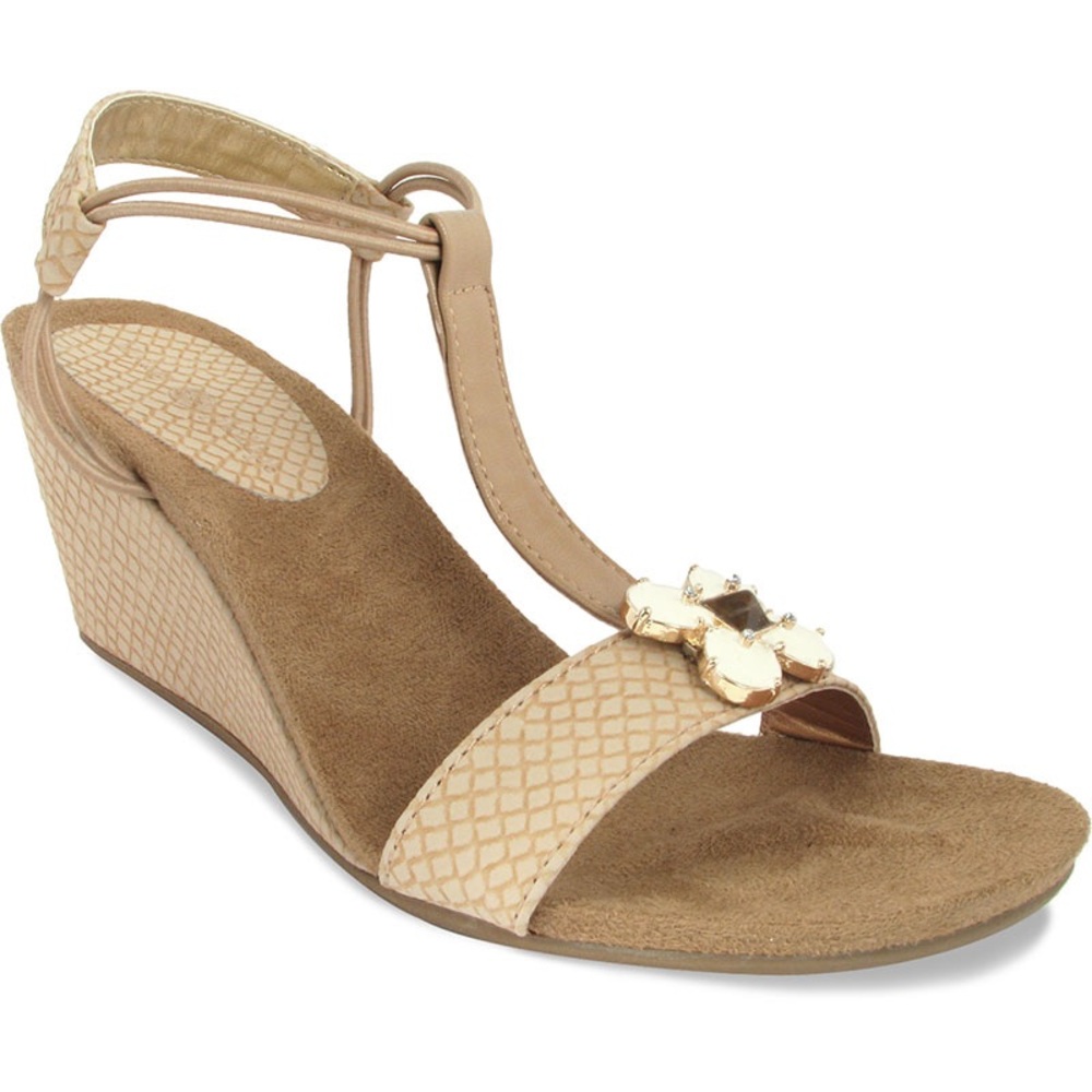 Lindsay Phillips Megan Tan Wedge T- Strap Sandals Snap Shoes Size 7 - Picture 7 of 7